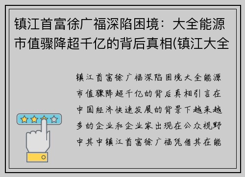 镇江首富徐广福深陷困境：大全能源市值骤降超千亿的背后真相(镇江大全集团董事长)
