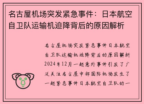 名古屋机场突发紧急事件：日本航空自卫队运输机迫降背后的原因解析