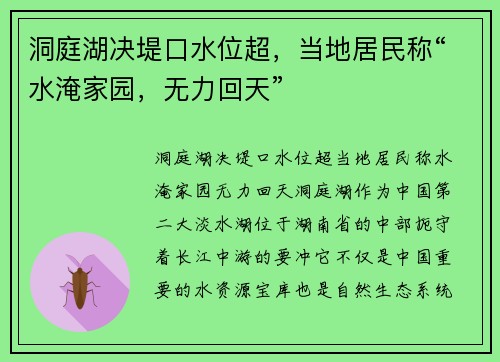 洞庭湖决堤口水位超，当地居民称“水淹家园，无力回天”