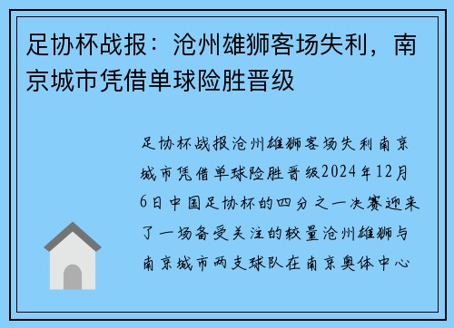 足协杯战报：沧州雄狮客场失利，南京城市凭借单球险胜晋级