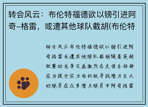 转会风云：布伦特福德欲以镑引进阿奇-格雷，或遭其他球队截胡(布伦特福德足球俱乐部)