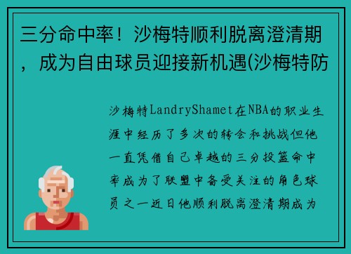 三分命中率！沙梅特顺利脱离澄清期，成为自由球员迎接新机遇(沙梅特防守怎么样)