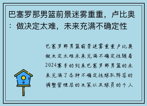 巴塞罗那男篮前景迷雾重重，卢比奥：做决定太难，未来充满不确定性