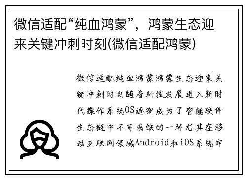 微信适配“纯血鸿蒙”，鸿蒙生态迎来关键冲刺时刻(微信适配鸿蒙)