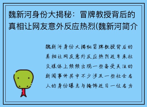 魏新河身份大揭秘：冒牌教授背后的真相让网友意外反应热烈(魏新河简介)