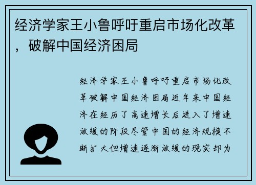 经济学家王小鲁呼吁重启市场化改革，破解中国经济困局