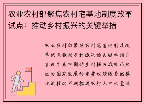 农业农村部聚焦农村宅基地制度改革试点：推动乡村振兴的关键举措