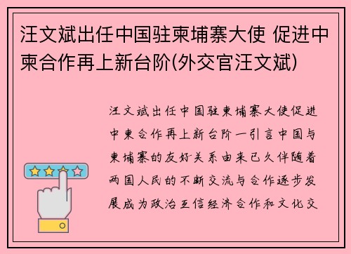 汪文斌出任中国驻柬埔寨大使 促进中柬合作再上新台阶(外交官汪文斌)