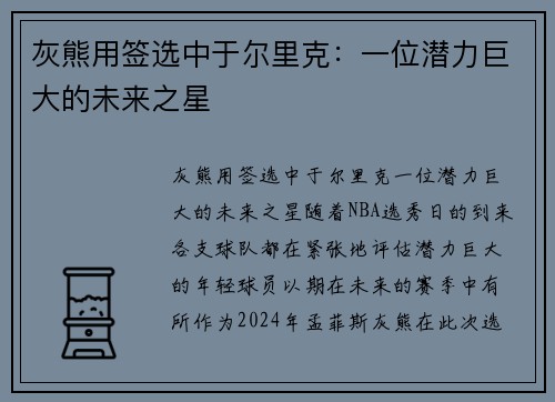 灰熊用签选中于尔里克：一位潜力巨大的未来之星