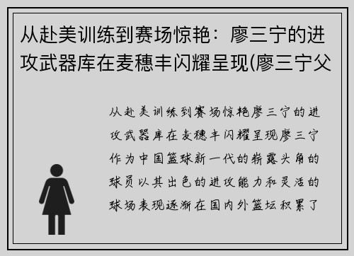 从赴美训练到赛场惊艳：廖三宁的进攻武器库在麦穗丰闪耀呈现(廖三宁父亲)