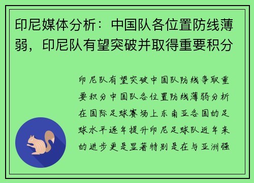 印尼媒体分析：中国队各位置防线薄弱，印尼队有望突破并取得重要积分